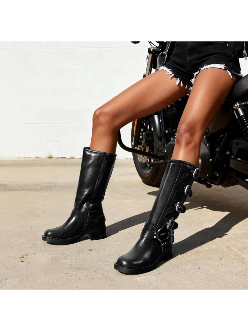 Women's Black1 Faux Leather Adjustable Buckles Chunky Heel Riding Knee High Boot - Picture 3 of 6
